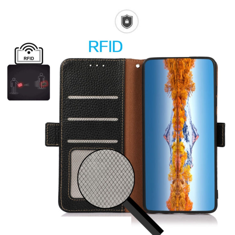 KHAZNEH Side-Magnetic Litchi Genuine Leather RFID Phone Case, For Redmi 13 4G