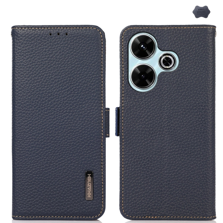 KHAZNEH Side-Magnetic Litchi Genuine Leather RFID Phone Case, For Redmi 14C 4G, For Redmi 13 4G