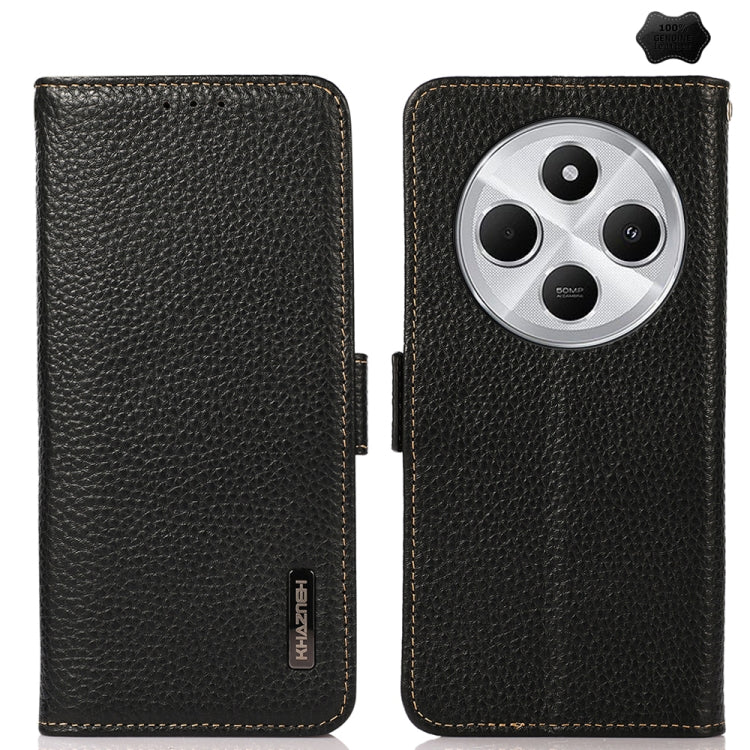 KHAZNEH Side-Magnetic Litchi Genuine Leather RFID Phone Case, For Redmi 14C 4G, For Redmi 13 4G