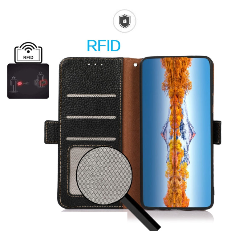 KHAZNEH Side-Magnetic Litchi Genuine Leather RFID Phone Case, For Redmi Note 14 5G, For Redmi Note 14 Pro 5G, For Redmi 14C 4G, For Redmi 13 4G