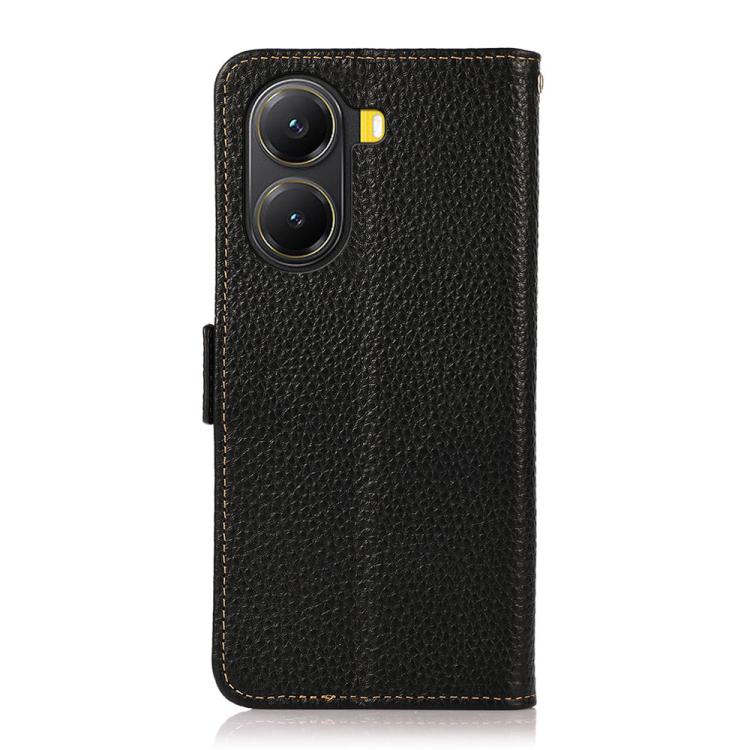 KHAZNEH Side-Magnetic Litchi Genuine Leather RFID Phone Case, For Redmi Turbo 4 / Poco X7 Pro, For Redmi Note 14 5G, For Redmi Note 14 Pro 5G, For Redmi 14C 4G, For Redmi 13 4G