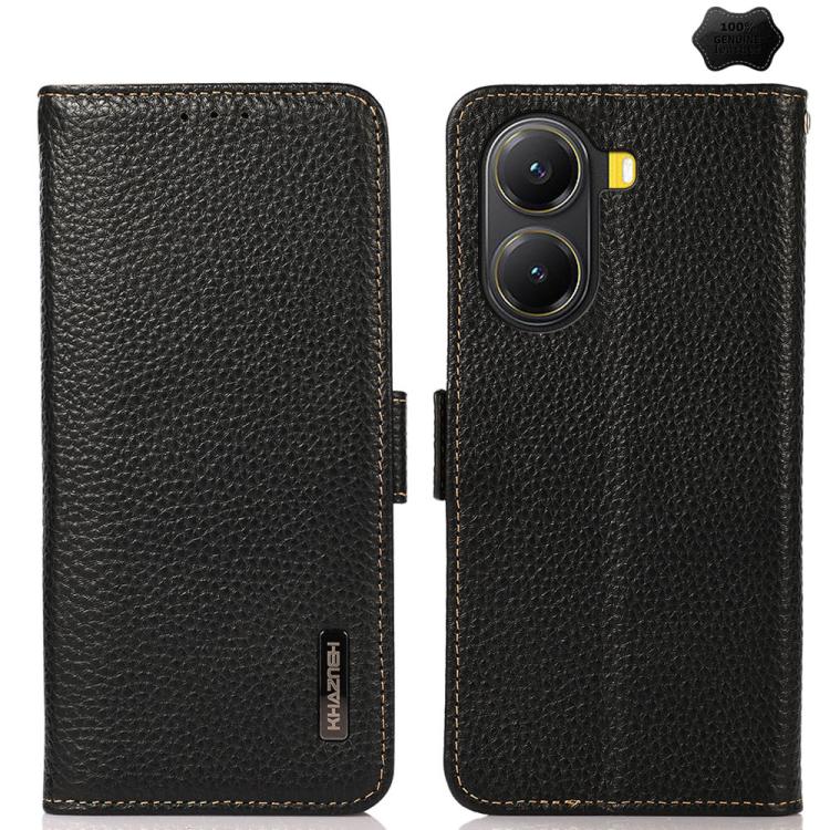 KHAZNEH Side-Magnetic Litchi Genuine Leather RFID Phone Case, For Redmi Turbo 4 / Poco X7 Pro, For Redmi Note 14 5G, For Redmi Note 14 Pro 5G, For Redmi 14C 4G, For Redmi 13 4G