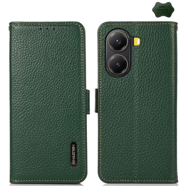 KHAZNEH Side-Magnetic Litchi Genuine Leather RFID Phone Case, For Redmi Turbo 4 / Poco X7 Pro, For Redmi Note 14 5G, For Redmi Note 14 Pro 5G, For Redmi 14C 4G, For Redmi 13 4G