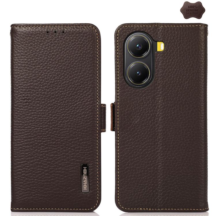 KHAZNEH Side-Magnetic Litchi Genuine Leather RFID Phone Case, For Redmi Turbo 4 / Poco X7 Pro, For Redmi Note 14 5G, For Redmi Note 14 Pro 5G, For Redmi 14C 4G, For Redmi 13 4G