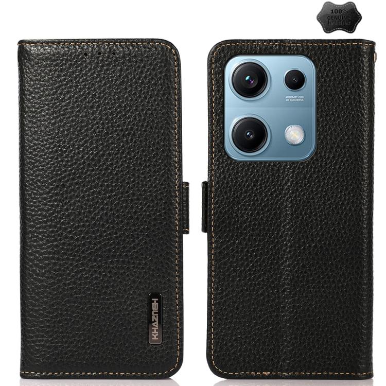 KHAZNEH Side-Magnetic Litchi Genuine Leather RFID Phone Case, For Redmi Note 14S 4G, For Redmi Turbo 4 Pro, For Redmi Turbo 4 / Poco X7 Pro, For Redmi Note 14 5G, For Redmi Note 14 Pro 5G, For Redmi 14C 4G