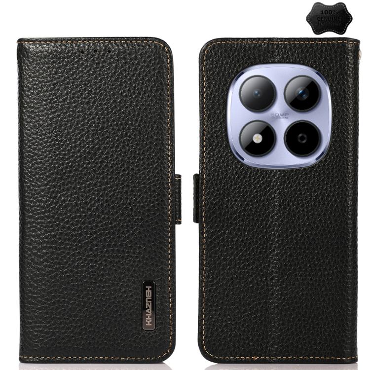 KHAZNEH Side-Magnetic Litchi Genuine Leather RFID Phone Case, For Redmi A7 Pro 171mm / Poco C85x 5G, For Redmi Turbo 5 Max 5G / Poco X8 Pro Max 5G, For Redmi Turbo 5 5G / Poco X8 Pro 5G, For Redmi Note 15 Pro+ 5G Global 163.3mm                         ...