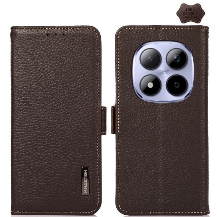 KHAZNEH Side-Magnetic Litchi Genuine Leather RFID Phone Case, For Redmi A7 Pro 171mm / Poco C85x 5G, For Redmi Turbo 5 Max 5G / Poco X8 Pro Max 5G, For Redmi Turbo 5 5G / Poco X8 Pro 5G, For Redmi Note 15 Pro+ 5G Global 163.3mm                         ...