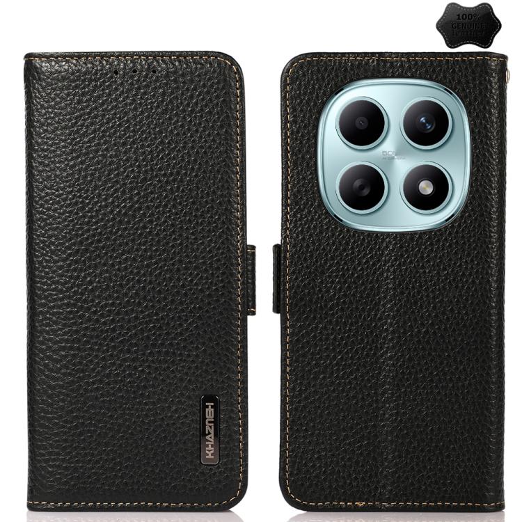 KHAZNEH Side-Magnetic Litchi Genuine Leather RFID Phone Case, For Redmi A7 Pro 171mm / Poco C85x 5G, For Redmi Turbo 5 Max 5G / Poco X8 Pro Max 5G, For Redmi Turbo 5 5G / Poco X8 Pro 5G, For Redmi Note 15 Pro+ 5G Global 163.3mm                         ...