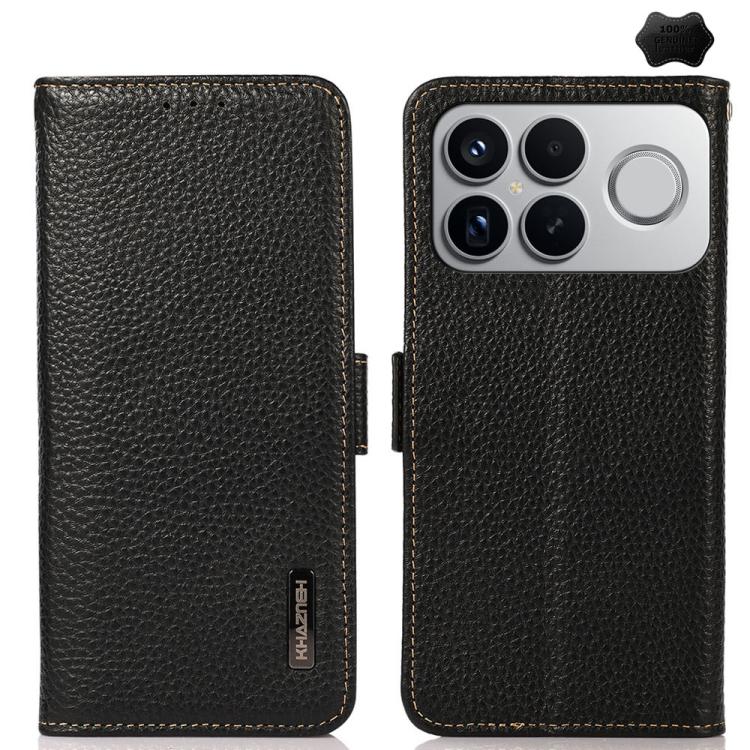 KHAZNEH Side-Magnetic Litchi Genuine Leather RFID Phone Case, For Redmi A7 Pro 171mm / Poco C85x 5G, For Redmi Turbo 5 Max 5G / Poco X8 Pro Max 5G, For Redmi Turbo 5 5G / Poco X8 Pro 5G, For Redmi Note 15 Pro+ 5G Global 163.3mm                         ...