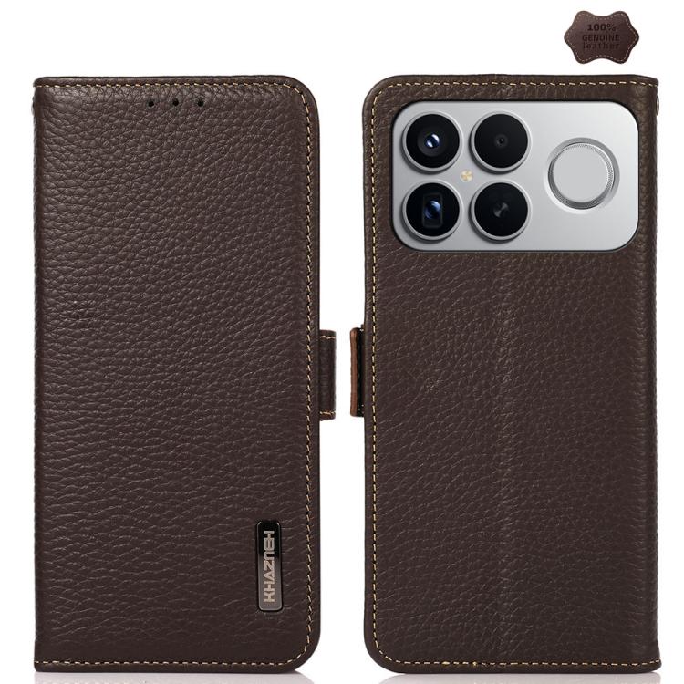 KHAZNEH Side-Magnetic Litchi Genuine Leather RFID Phone Case, For Redmi Note 15 Pro+ 5G Global 163.3mm, For Redmi Note 15 5G Global 164mm, For Redmi K90 Pro Max/Poco F8 Ultra, For Redmi Note 15 Pro 4G Global 163.2mm, For Redmi K90/Poco F8 Pro          ...