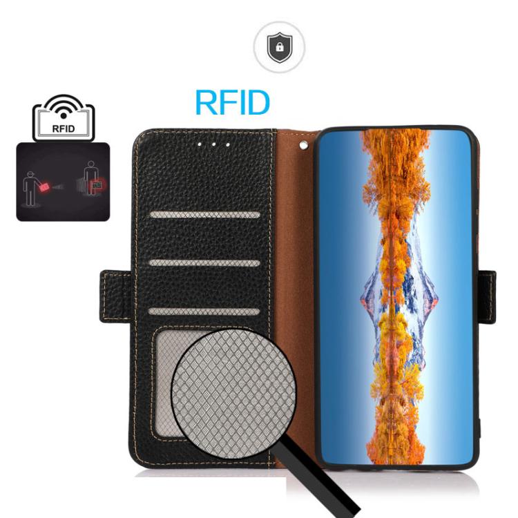 KHAZNEH Side-Magnetic Litchi Genuine Leather RFID Phone Case, For Redmi Turbo 5 Max 5G / Poco X8 Pro Max 5G, For Redmi Turbo 5 5G / Poco X8 Pro 5G, For Redmi Note 15 Pro+ 5G Global 163.3mm, For Redmi Note 15 5G Global 164mm