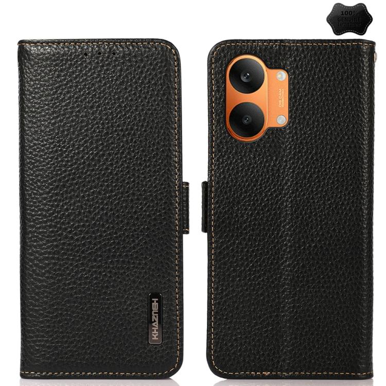 KHAZNEH Side-Magnetic Litchi Genuine Leather RFID Phone Case, For Redmi A7 Pro 171mm / Poco C85x 5G, For Redmi Turbo 5 Max 5G / Poco X8 Pro Max 5G, For Redmi Turbo 5 5G / Poco X8 Pro 5G, For Redmi Note 15 Pro+ 5G Global 163.3mm                         ...
