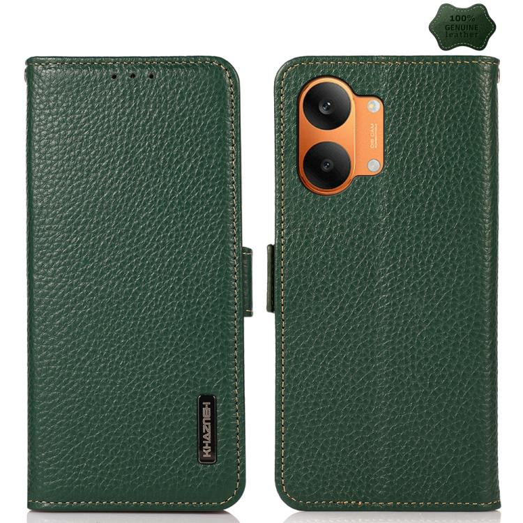 KHAZNEH Side-Magnetic Litchi Genuine Leather RFID Phone Case, For Redmi A7 Pro 171mm / Poco C85x 5G, For Redmi Turbo 5 Max 5G / Poco X8 Pro Max 5G, For Redmi Turbo 5 5G / Poco X8 Pro 5G, For Redmi Note 15 Pro+ 5G Global 163.3mm                         ...