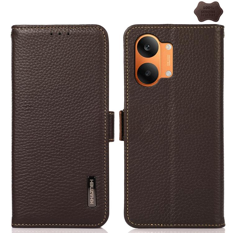 KHAZNEH Side-Magnetic Litchi Genuine Leather RFID Phone Case, For Redmi A7 Pro 171mm / Poco C85x 5G, For Redmi Turbo 5 Max 5G / Poco X8 Pro Max 5G, For Redmi Turbo 5 5G / Poco X8 Pro 5G, For Redmi Note 15 Pro+ 5G Global 163.3mm                         ...