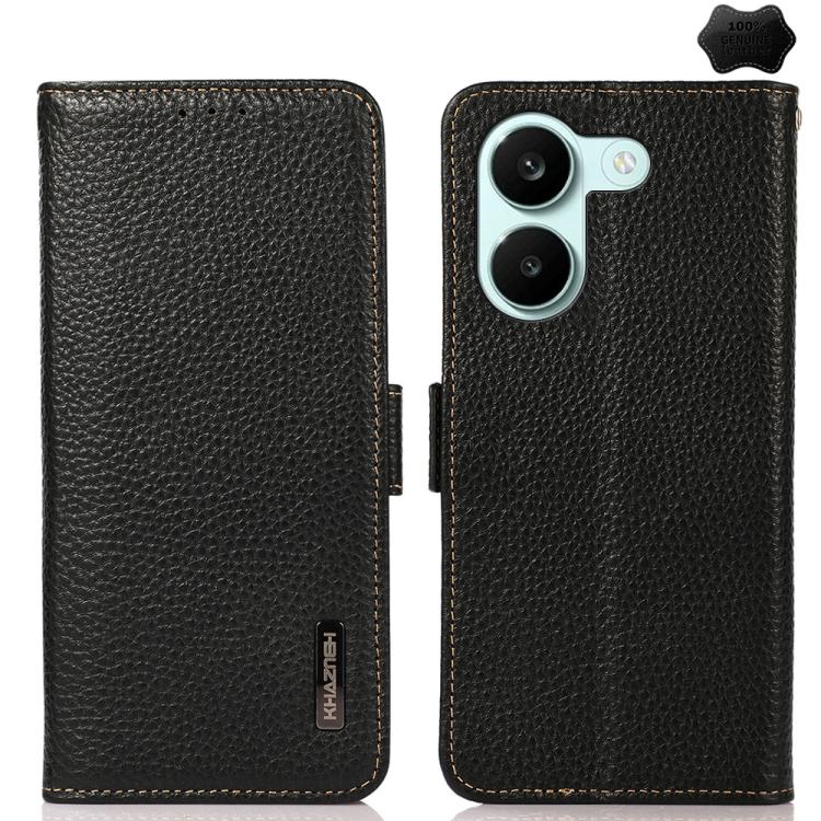KHAZNEH Side-Magnetic Litchi Genuine Leather RFID Phone Case, For Redmi A7 Pro 171mm / Poco C85x 5G, For Redmi Turbo 5 Max 5G / Poco X8 Pro Max 5G, For Redmi Turbo 5 5G / Poco X8 Pro 5G, For Redmi Note 15 Pro+ 5G Global 163.3mm                         ...