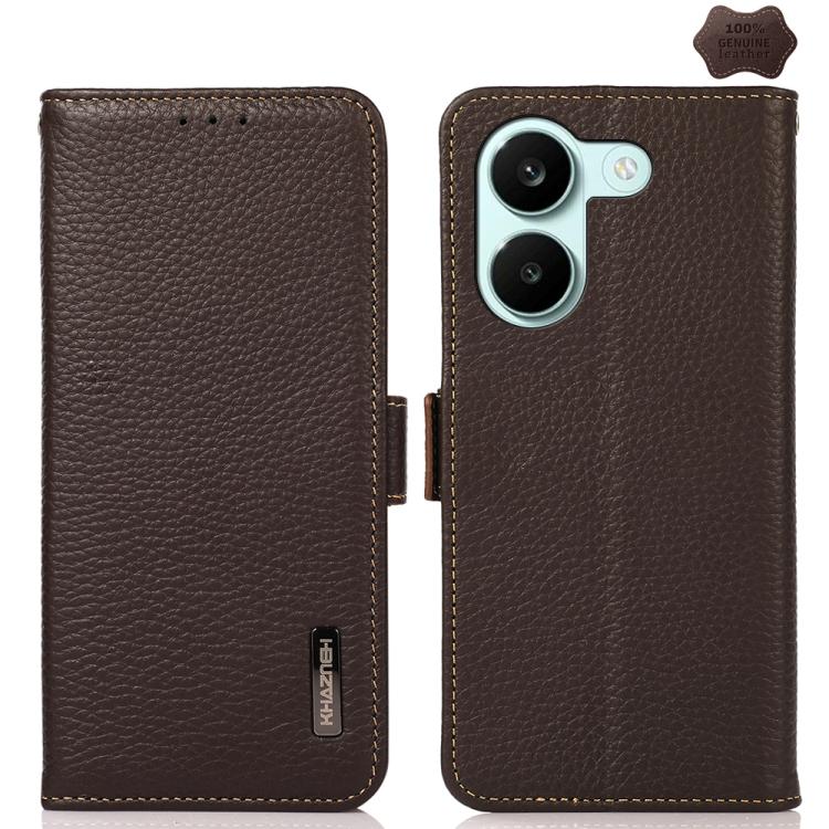 KHAZNEH Side-Magnetic Litchi Genuine Leather RFID Phone Case, For Redmi A7 Pro 171mm / Poco C85x 5G, For Redmi Turbo 5 Max 5G / Poco X8 Pro Max 5G, For Redmi Turbo 5 5G / Poco X8 Pro 5G, For Redmi Note 15 Pro+ 5G Global 163.3mm                         ...
