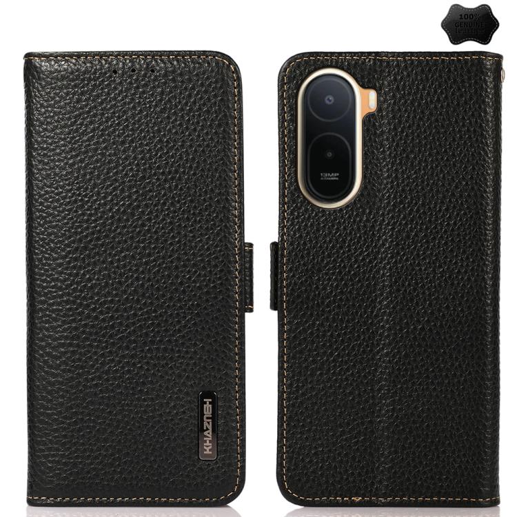 KHAZNEH Side-Magnetic Litchi Genuine Leather RFID Phone Case, For Redmi A7 Pro 171mm / Poco C85x 5G, For Redmi Turbo 5 Max 5G / Poco X8 Pro Max 5G, For Redmi Turbo 5 5G / Poco X8 Pro 5G, For Redmi Note 15 Pro+ 5G Global 163.3mm                         ...