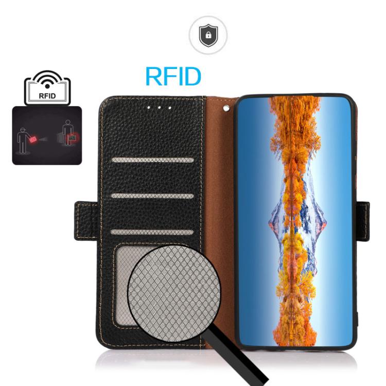 KHAZNEH Side-Magnetic Litchi Genuine Leather RFID Phone Case, For Redmi A7 Pro 171mm / Poco C85x 5G, For Redmi Turbo 5 Max 5G / Poco X8 Pro Max 5G, For Redmi Turbo 5 5G / Poco X8 Pro 5G, For Redmi Note 15 Pro+ 5G Global 163.3mm                         ...