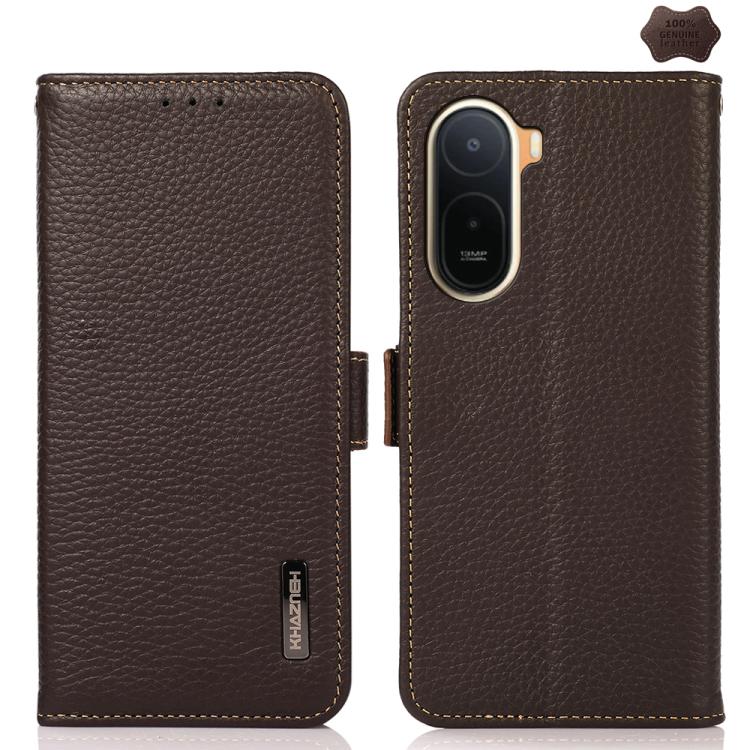 KHAZNEH Side-Magnetic Litchi Genuine Leather RFID Phone Case, For Redmi A7 Pro 171mm / Poco C85x 5G, For Redmi Turbo 5 Max 5G / Poco X8 Pro Max 5G, For Redmi Turbo 5 5G / Poco X8 Pro 5G, For Redmi Note 15 Pro+ 5G Global 163.3mm                         ...