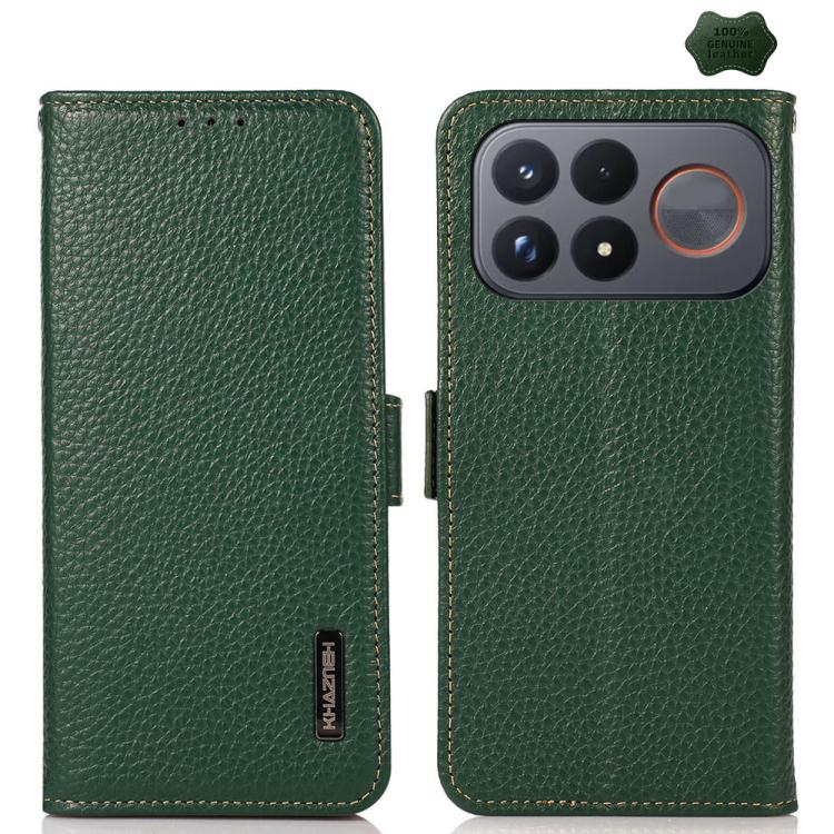 KHAZNEH Side-Magnetic Litchi Genuine Leather RFID Phone Case, For Redmi Note 17 4G Global 169.7mm, For Redmi Note 17 Pro+ 5G Global 163.4mm, For Redmi Note 17 Pro 5G Global 163.5mm, For Redmi K100 Pro Max/Poco F9 Ultra 5G                               ...