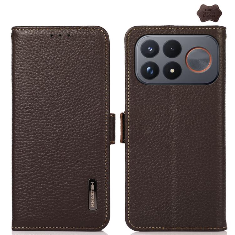 KHAZNEH Side-Magnetic Litchi Genuine Leather RFID Phone Case, For Redmi Note 17 4G Global 169.7mm, For Redmi Note 17 Pro+ 5G Global 163.4mm, For Redmi Note 17 Pro 5G Global 163.5mm, For Redmi K100 Pro Max/Poco F9 Ultra 5G                               ...