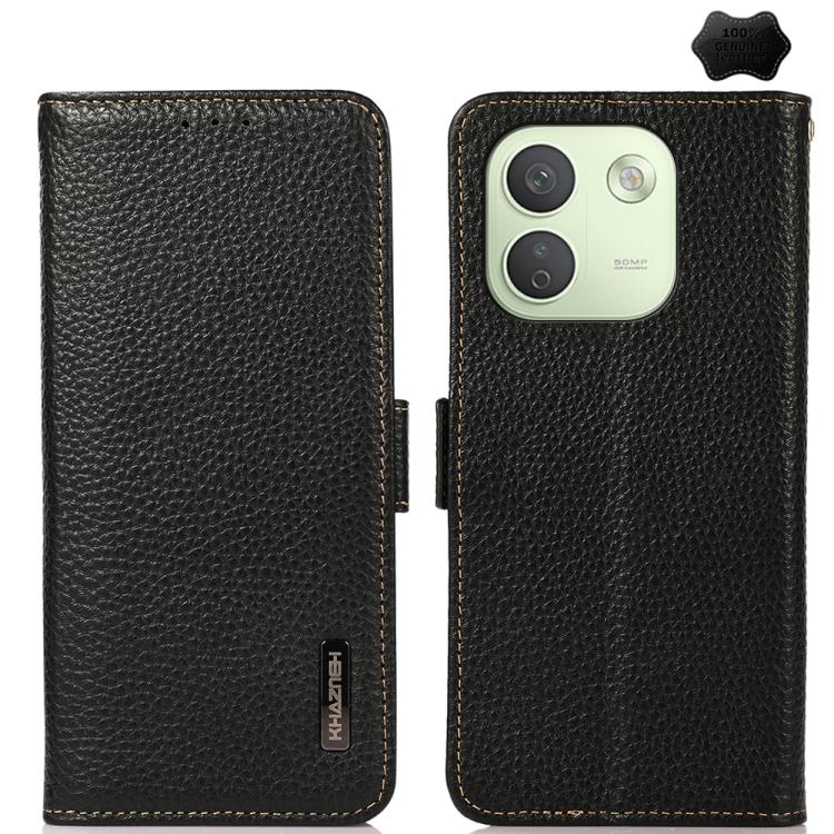 KHAZNEH Side-Magnetic Litchi Genuine Leather RFID Phone Case, For Redmi Note 17 4G Global 169.7mm, For Redmi Note 17 Pro+ 5G Global 163.4mm, For Redmi Note 17 Pro 5G Global 163.5mm, For Redmi K100 Pro Max/Poco F9 Ultra 5G                               ...