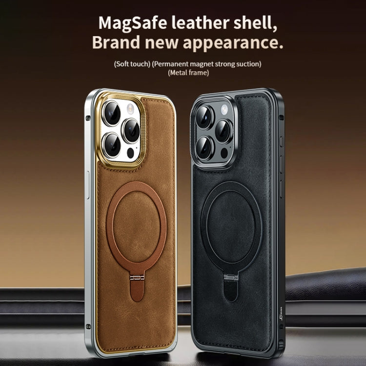 Metal Frame Oil Wax Leather MagSafe Phone Case with Spring Buckle Stand