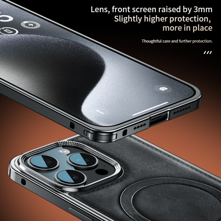 Metal Frame Oil Wax Leather MagSafe Phone Case with Spring Buckle Stand