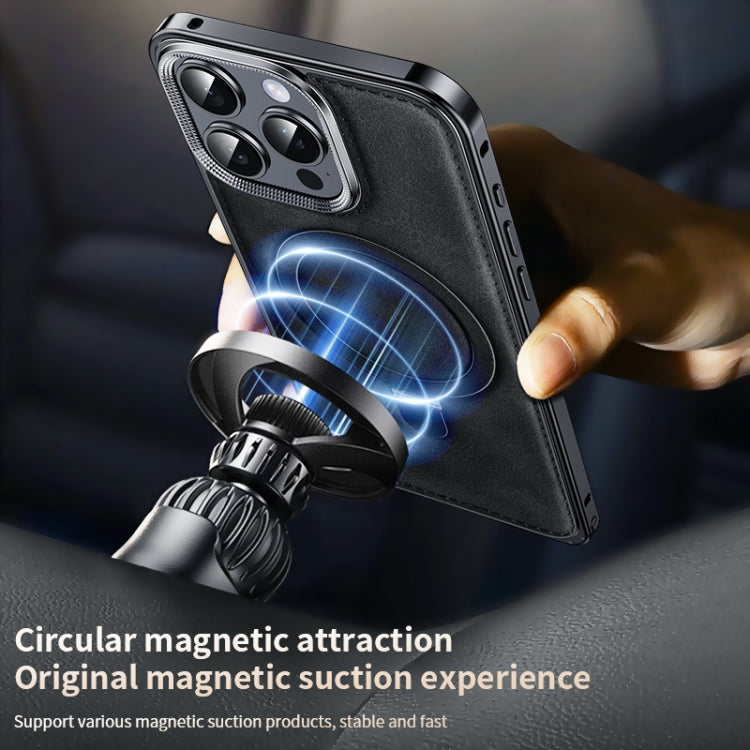 Metal Frame Oil Wax Leather MagSafe Phone Case with Spring Buckle Stand