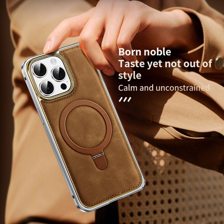 Metal Frame Oil Wax Leather MagSafe Phone Case with Spring Buckle Stand