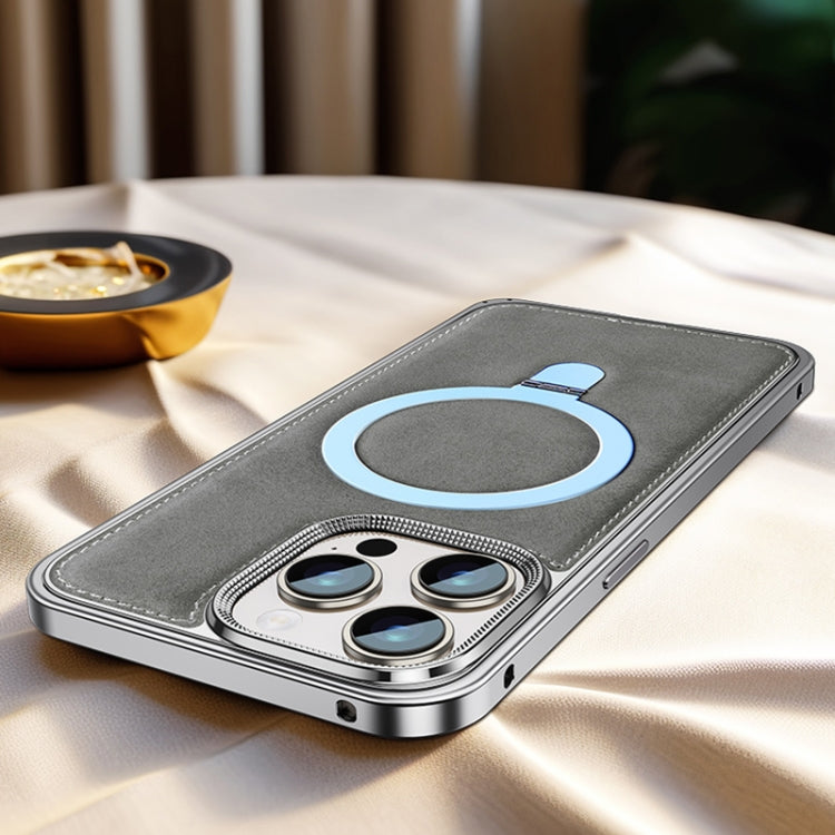 Metal Frame Oil Wax Leather MagSafe Phone Case with Spring Buckle Stand