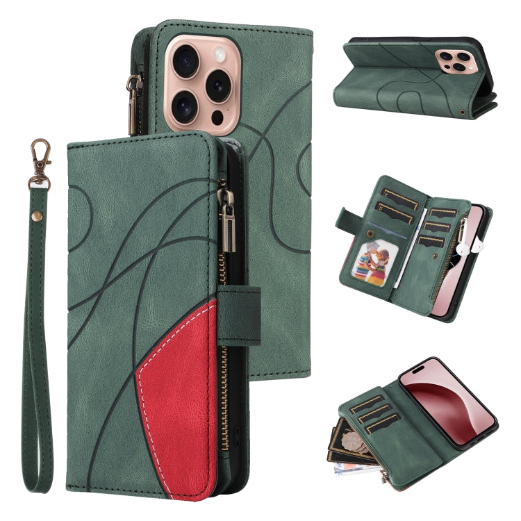 Dual-color 9 Card Slots Zipper Wallet Leather Phone Case, For iPhone Air, For iPhone 16 Pro Max, For iPhone 16 Pro, For iPhone 16 Plus