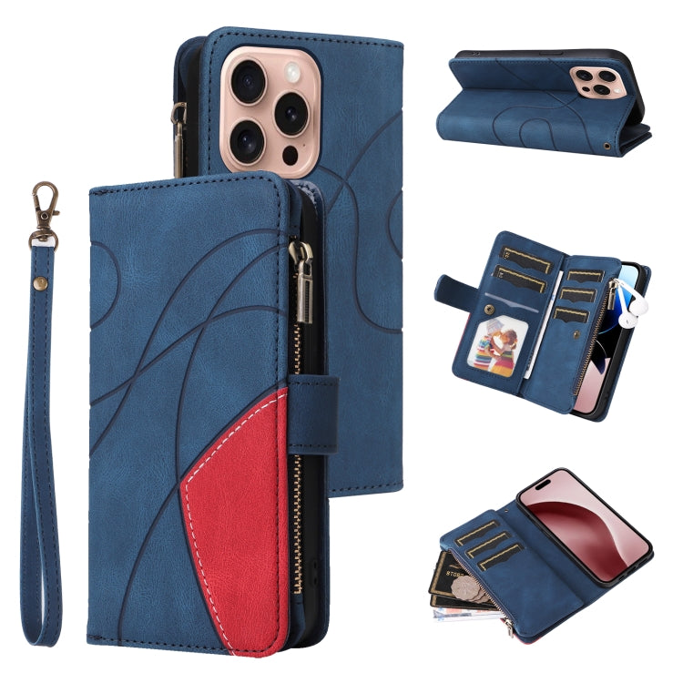 Dual-color 9 Card Slots Zipper Wallet Leather Phone Case, For iPhone Air, For iPhone 16 Pro Max, For iPhone 16 Pro, For iPhone 16 Plus