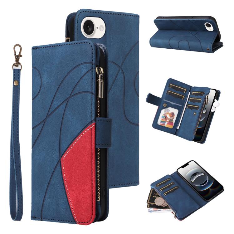 Dual-color 9 Card Slots Zipper Wallet Leather Phone Case, For iPhone 17e / 16e, For iPhone 17 Pro Max, For iPhone 17 Pro, For iPhone 17