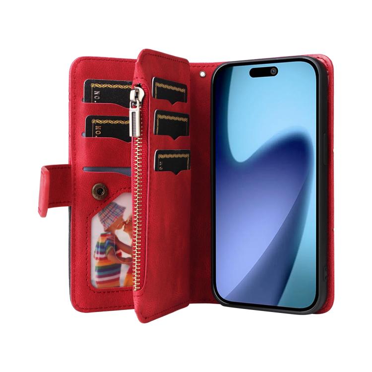 Dual-color 9 Card Slots Zipper Wallet Leather Phone Case, For iPhone Air, For iPhone 16 Pro Max, For iPhone 16 Pro, For iPhone 16 Plus