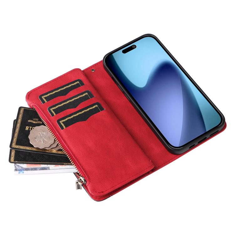 Dual-color 9 Card Slots Zipper Wallet Leather Phone Case, For iPhone Air, For iPhone 16 Pro Max, For iPhone 16 Pro, For iPhone 16 Plus