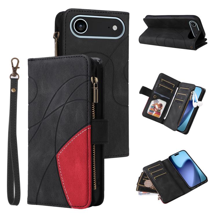 Dual-color 9 Card Slots Zipper Wallet Leather Phone Case, For iPhone Air, For iPhone 16 Pro Max, For iPhone 16 Pro, For iPhone 16 Plus