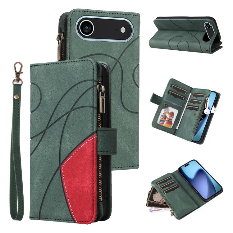 Dual-color 9 Card Slots Zipper Wallet Leather Phone Case, For iPhone Air, For iPhone 16 Pro Max, For iPhone 16 Pro, For iPhone 16 Plus