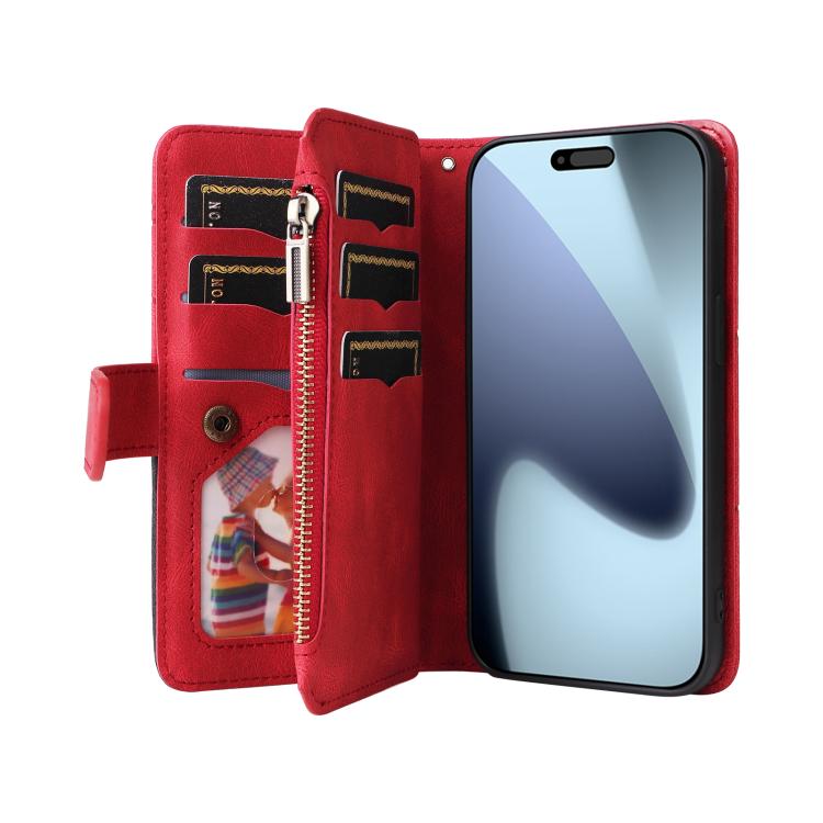 Dual-color 9 Card Slots Zipper Wallet Leather Phone Case, For iPhone 18 Pro / 17 Pro, For iPhone 18 Pro Max / 17 Pro Max, For iPhone 17e / 16e, For iPhone 17