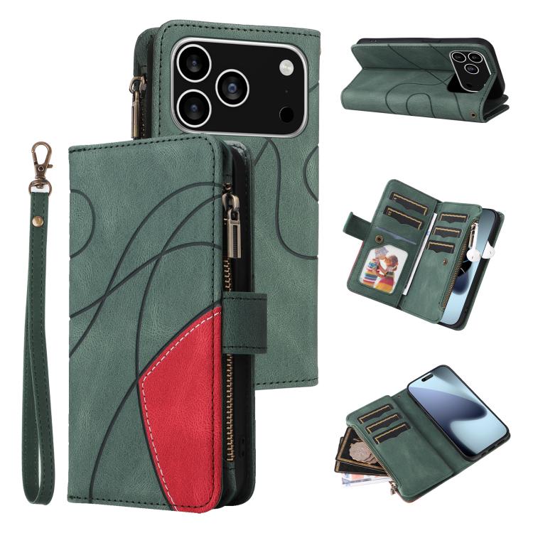 Dual-color 9 Card Slots Zipper Wallet Leather Phone Case, For iPhone 17e / 16e, For iPhone 17 Pro Max, For iPhone 17 Pro, For iPhone 17