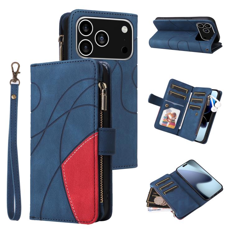 Dual-color 9 Card Slots Zipper Wallet Leather Phone Case, For iPhone 18 Pro / 17 Pro, For iPhone 18 Pro Max / 17 Pro Max, For iPhone 17e / 16e, For iPhone 17