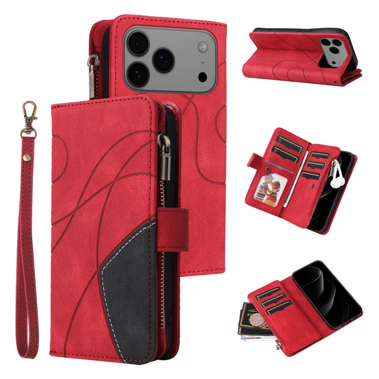 Dual-color 9 Card Slots Zipper Wallet Leather Phone Case, For iPhone 18 Pro / 17 Pro, For iPhone 18 Pro Max / 17 Pro Max, For iPhone 17e / 16e, For iPhone 17