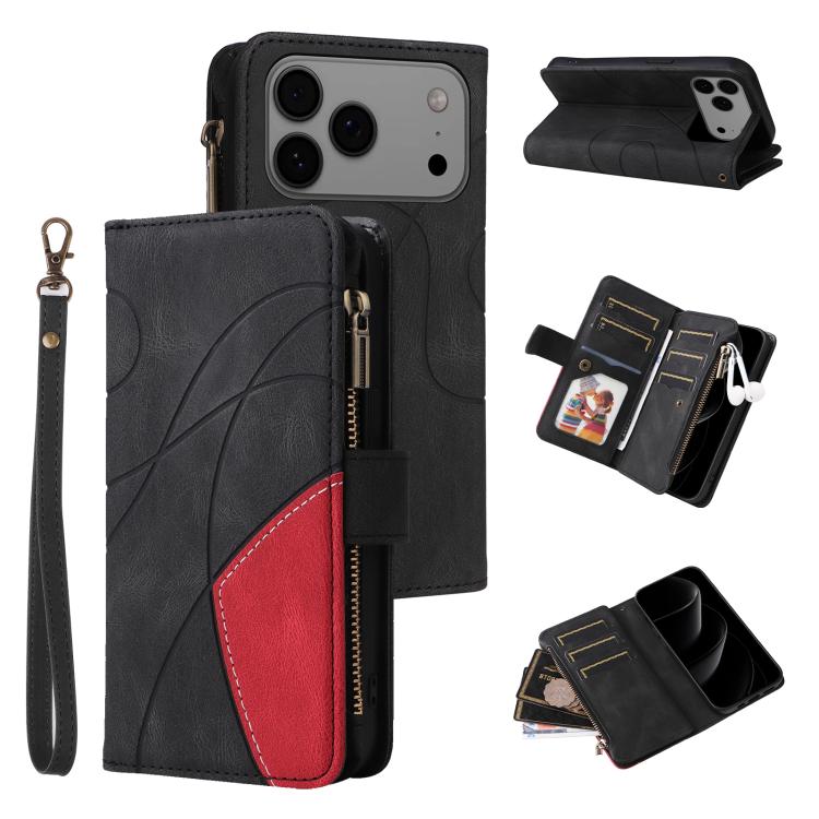 Dual-color 9 Card Slots Zipper Wallet Leather Phone Case, For iPhone 18 Pro / 17 Pro, For iPhone 18 Pro Max / 17 Pro Max, For iPhone 17e / 16e, For iPhone 17