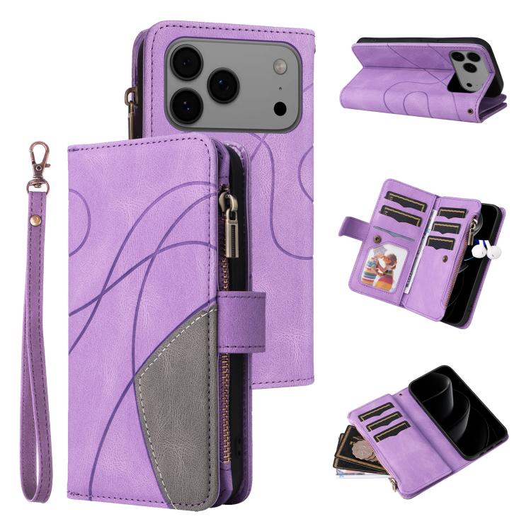 Dual-color 9 Card Slots Zipper Wallet Leather Phone Case, For iPhone 18 Pro / 17 Pro, For iPhone 18 Pro Max / 17 Pro Max, For iPhone 17e / 16e, For iPhone 17