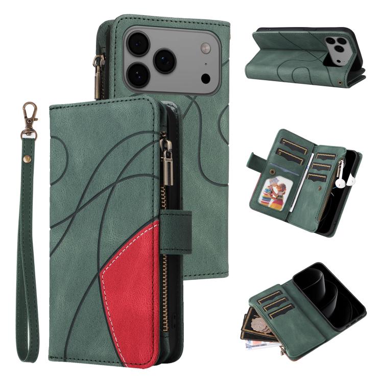 Dual-color 9 Card Slots Zipper Wallet Leather Phone Case, For iPhone 17e / 16e, For iPhone 17 Pro Max, For iPhone 17 Pro, For iPhone 17