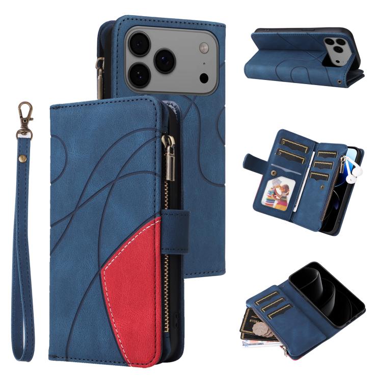 Dual-color 9 Card Slots Zipper Wallet Leather Phone Case, For iPhone 17e / 16e, For iPhone 17 Pro Max, For iPhone 17 Pro, For iPhone 17