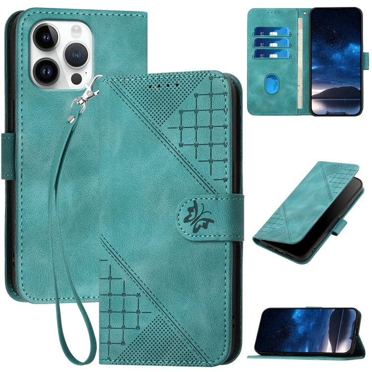 YX0080 Grid Butterfly Embossed Pattern Flip Leather Phone Case with Lanyard, iPhone 16e, For iPhone 16 Pro Max, For iPhone 16 Pro, For iPhone 16 Plus