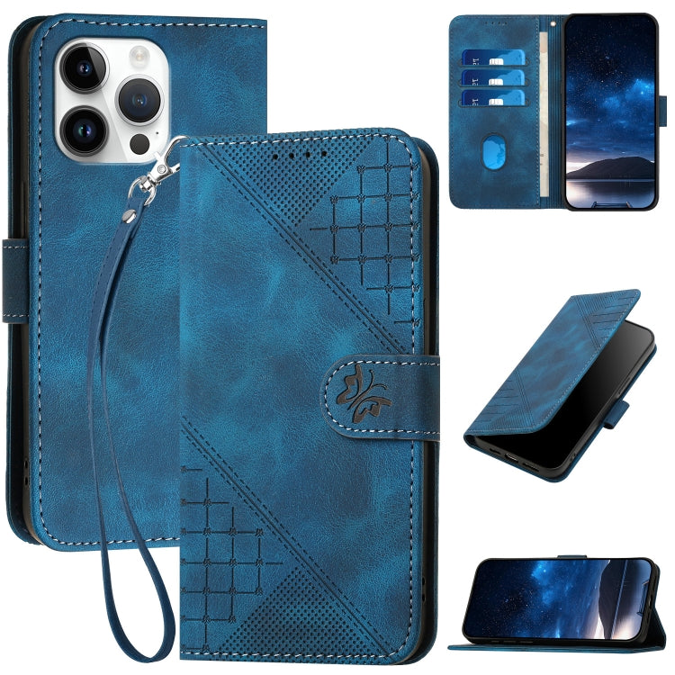 YX0080 Grid Butterfly Embossed Pattern Flip Leather Phone Case with Lanyard, For iPhone 16, For iPhone 15 Pro Max, For iPhone 15 Pro, For iPhone 15 Plus