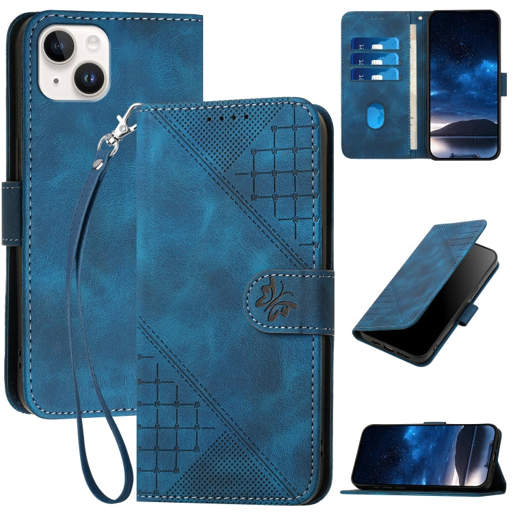 YX0080 Grid Butterfly Embossed Pattern Flip Leather Phone Case with Lanyard, For iPhone 16, For iPhone 15 Pro Max, For iPhone 15 Pro, For iPhone 15 Plus