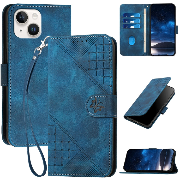 YX0080 Grid Butterfly Embossed Pattern Flip Leather Phone Case with Lanyard, For iPhone 15, For iPhone 14 Plus, For iPhone 14, For iPhone 14 Pro